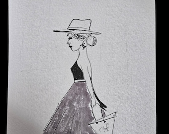 Zeichnung Bleistift "Shopping am Strand" schwarz weiß Skizze Handgemalt
