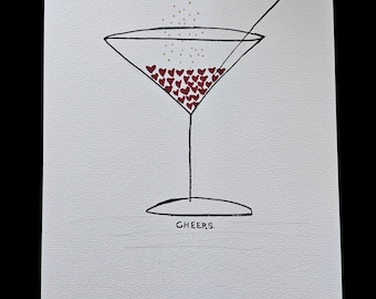 Dessin au crayon "Cheers" croquis noir et blanc peint à la main