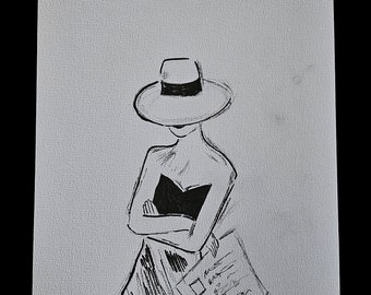 Dessin au crayon "Femme sur la plage" croquis noir et blanc peint à la main