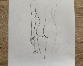 Dessin au crayon « Cheers » esquisse noir et blanc peinte à la main Din A5