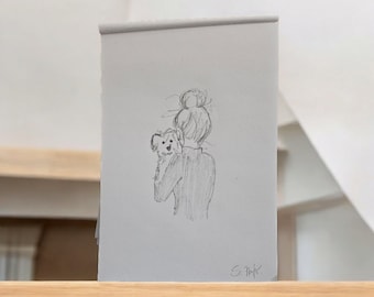 Dessin au crayon « J'aime mon chien » esquisse noir et blanc peinte à la main Din A5