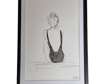 Drawing pencil "Woman on the beach" black and white framed sketch hand painted