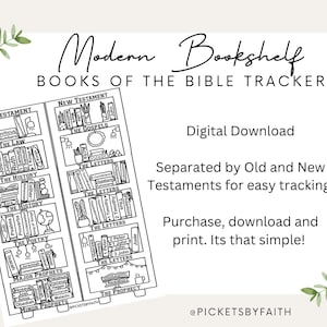 May include: Black and white printable bookshelf graphic with the text "Modern Bookshelf" and "Books of the Bible Tracker". The graphic is divided into two sections, "Old Testament" and "New Testament", with each section listing the books of the Bible.