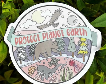 May include: A round sticker featuring a colourful illustration of a bear, a whale, a turtle, a bird, and a jellyfish. The sticker has the text "Protect Planet Earth" in a banner at the top.