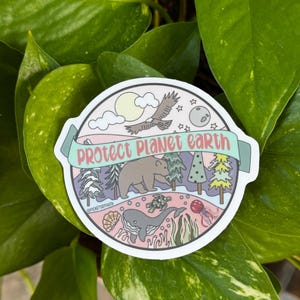 May include: A round sticker with a pink background and a white border. The sticker features a colorful illustration of a bear, a whale, a turtle, a bird, a moon, and a sun. The text "Protect Planet Earth" is written in a banner across the top of the sticker.