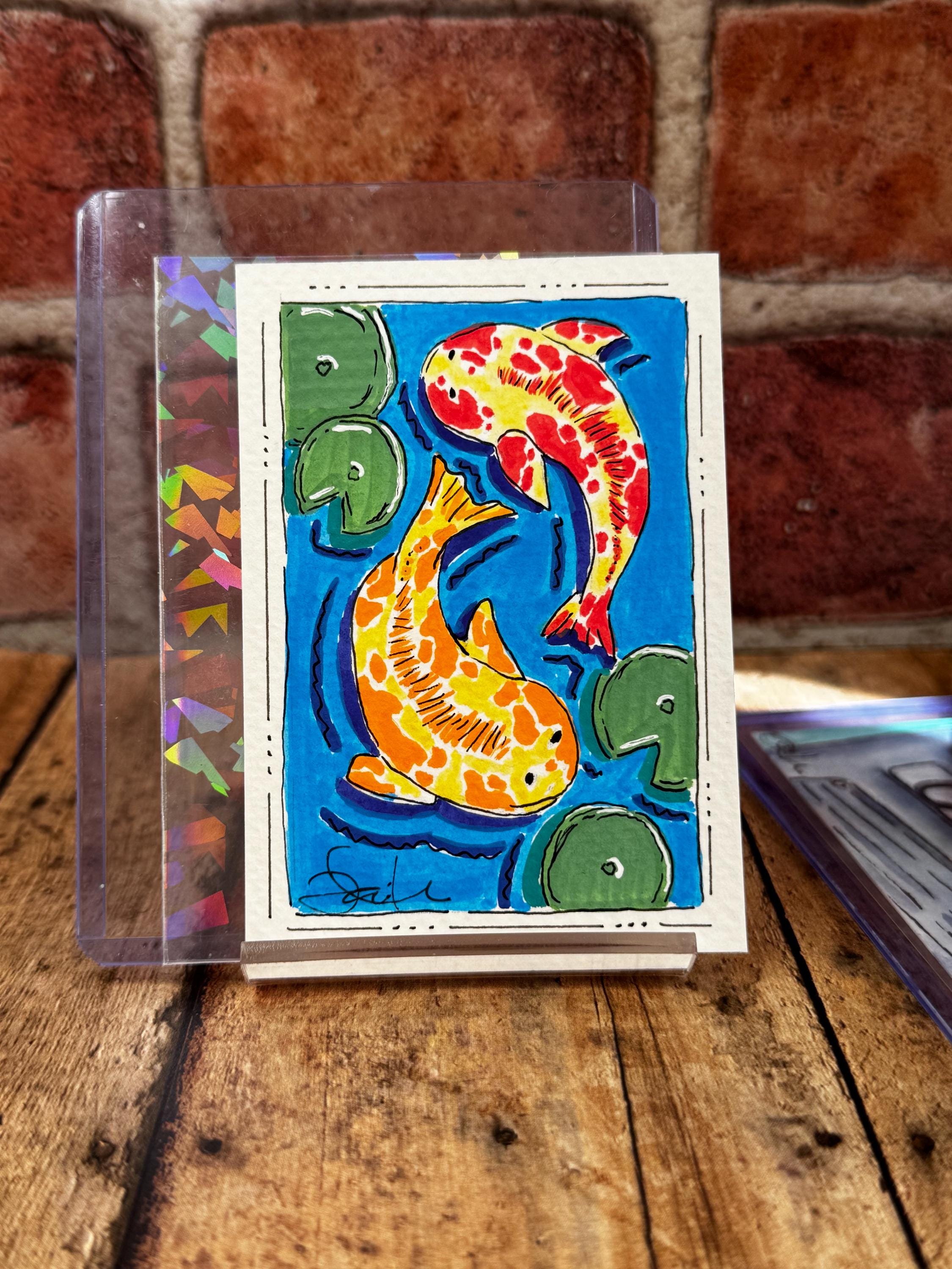 ACEO Original Handpainted Koi Fish Pond Acrylic Marker Art Piece