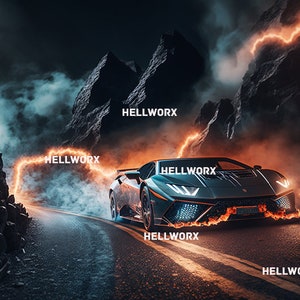Può includere: Un'auto sportiva nera guida attraverso un passo di montagna con fulmini arancioni e fumo. L'auto ha la scritta "HELLWORX" su di essa.