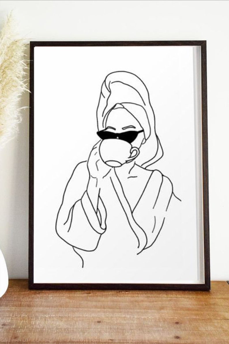 Bathroom Line Art, Woman in Robe, Woman Art, Bathroom Print, Digital ...