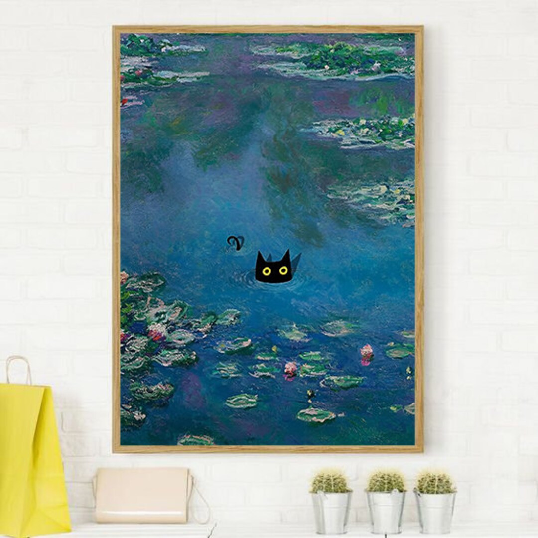 Buy Claude Monet Water Lilies With Black Cat Poster, Preppy Wall Art ...