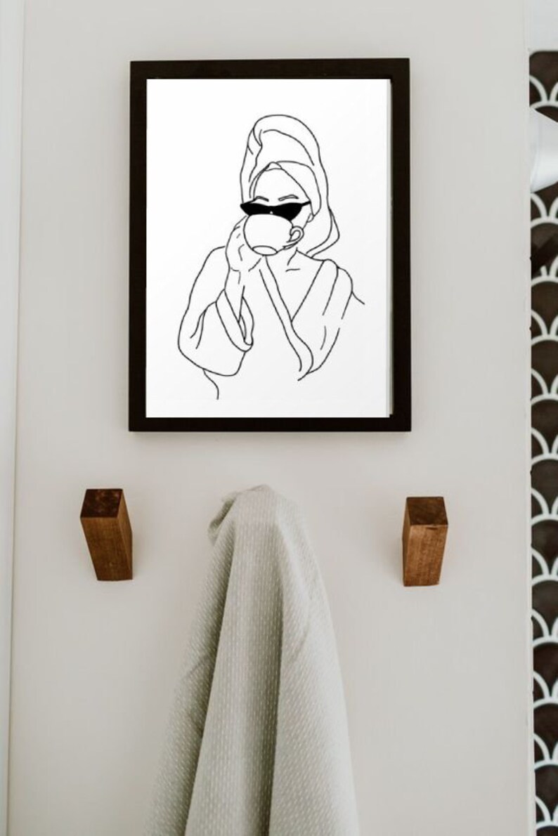 Bathroom Line Art, Woman in Robe, Woman Art, Bathroom Print, Digital ...