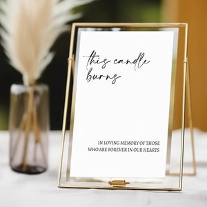 Minimalist 'This Candle Burns' sign | In Loving Memory | Wedding Reception Table Sign (A4, A5, 5x7)