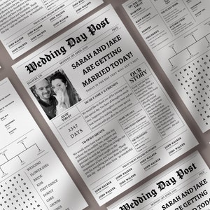 May include: A collection of wedding day newspaper announcements. The main headline reads "Wedding Day Post" with the names Sarah and Jake. The design is in black and white, with details about the wedding day.