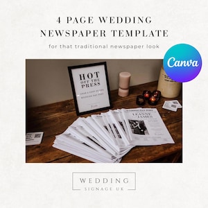 以下が含まれることがあります： 「WEDDING DAY POST」の見出しと「LEANNE & JAMES」の名前が書かれたウェディング新聞の束。額入りの看板には「HOT OFF THE PRESS」と書かれています。画像は4ページのウェディング新聞のテンプレートです。