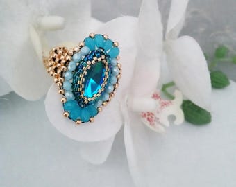 Handmade Aquamarine Beaded Statement Ring, Crystal Cabochon, Mermaid Jewelry