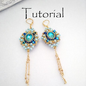 Op de afbeelding: Een paar handgemaakte oorbellen met een tutorial-thema. Elke oorbel heeft een centrale turkooizen edelsteen omringd door blauwe en gouden kralen. Gouden kettingkwastjes hangen van de onderkant. Het woord "Tutorial" staat in zwart schrift.