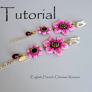 Tutorial beading delica pink flowers earrings, Beaded pattern making earrings