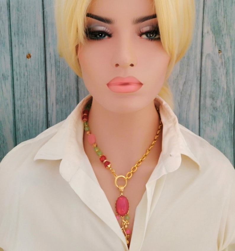 Fashionable Asymmetrical Necklace. Stones Chains.assembly Pink Beads