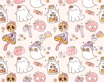 Groovy Ghost and Retro Mushroom Seamless Pattern for Halloween Fabric Printing Sublimation, Sublimation File, Surface Design, Digital Design