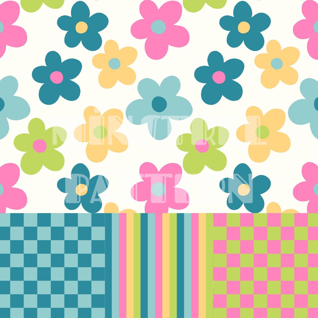 Summer Pastel Daisy Stripes Checkered Matching Seamless Pattern for ...