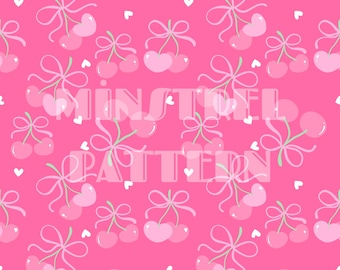 Vintage Pink Coquette Cherry Valentine Seamless Pattern for Fabric Printing Sublimation, Sublimation File, Bows Surface Design