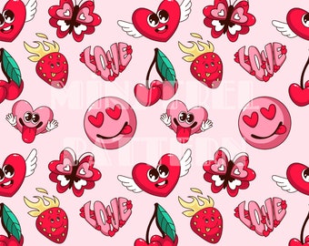 Groovy Valentine Seamless Pattern, Heart Cherry Fabric Printing Sublimation, Butterfly Custom Fabric Design File, Happy Face Seamless Files