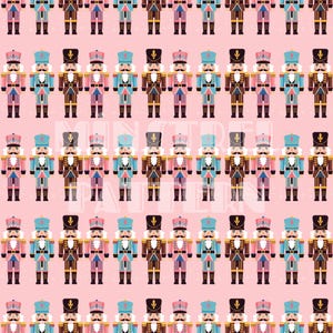 May include: A repeating pattern of toy nutcrackers in various colors, including pink, blue, brown, and black, against a pink background. The nutcrackers have detailed uniforms and hats, creating a festive and decorative design.