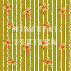 May include: A repeating pattern of green, white, and red. The design features vertical white and red wavy stripes, with evenly spaced clusters of red berries, green leaves, and red bows. The overall theme is festive.