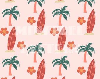 Summer Seamless Pattern, Surf Lover Fabric Printing Sublimation, Tropical Palm Trees Custom Fabric Design File, Floral Digital Papers
