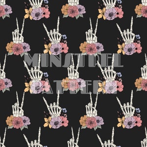Floral Skull Hand Seamless Pattern for Halloween Fabric Printing Sublimation, Digital Pattern, Surface Design