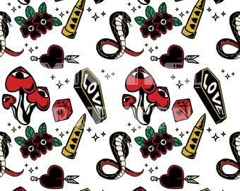 Retro Tattoo Love Seamless Pattern Files for Vintage Fabric Printing Sublimation Custom Fabric Design