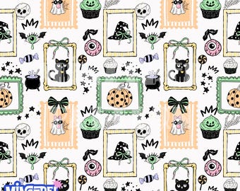 Halloween Pumpkin, Ghost and Witch Seamless Pattern: Fabric Printing (Digital Download)
