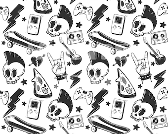 Rockers Boys Seamless Pattern Files for Fabric Printing Sublimation, Skull Pizza Guitar and Skateboard Fabric Design Custom Digital Paper
