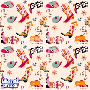 May include: A repeating pattern featuring cowboy boots, hats, horseshoes, hearts, and stars in shades of pink, orange, blue, and black on a cream background. The text "MINSTREL PATTERN" is in the lower left corner.