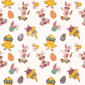 Modèle sans couture groovy de Pâques, impression sur tissu par sublimation non sexiste, fichier de conception de tissu personnalisé de Pâques, papiers numériques groovy hippie