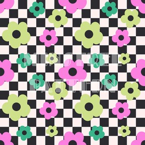 Funky Daisy mit Schwarz und Beige Kariert Nahtlose Muster Dateien für Stoffdruck Sublimation Kundenspezifische Design Datei Digitale Papiere