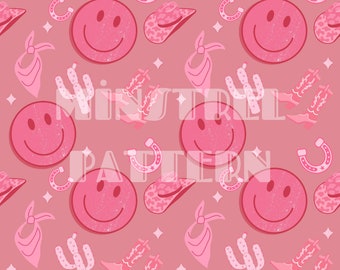 Happy Face Retro Pink Seamless Pattern Files para sublimación de impresión de telas, Western Girl Cowgirl Howdy Surface Design Papel digital personalizado