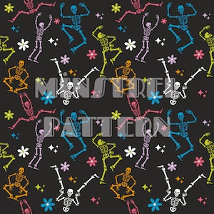 May include: A seamless pattern featuring dancing skeletons in various colours against a black background. The skeletons are outlined in white and have a whimsical, fun design. The pattern is decorated with small white stars and colourful flowers.