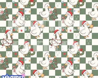 Christmas Goose Seamless Pattern File, Green Checkered Fabric Printing (Digital Download)
