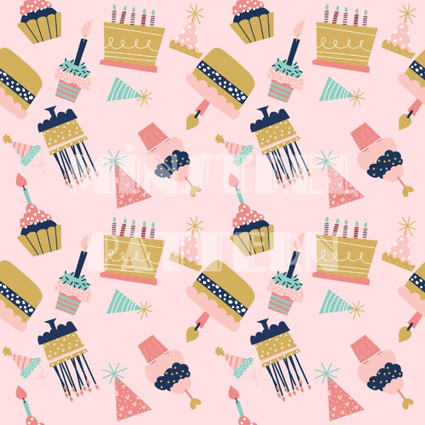 Girls Birthday Party Seamless Pattern Files for Birthday Cake Fabric Sublimation Printing Custom Fabric Design File Muffin Cupcake Pattern