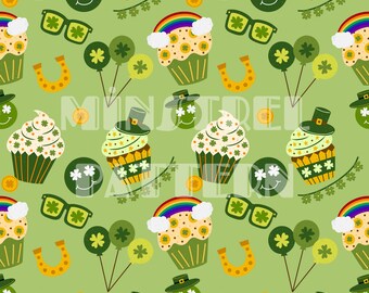 St Patricks Day Seamless Pattern, Lucky Cupcakes Fabric Printing Sublimation, Clover Custom Fabric Design File, Happy Face Digital Papers