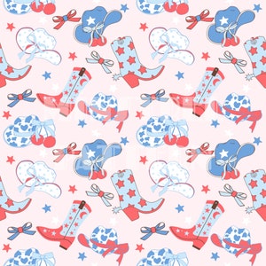 May include: A seamless pattern featuring cowboy boots, hats, and stars in shades of blue and red on a pink background.