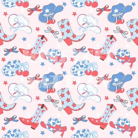 Patriotic Cowgirl Seamless Pattern Files, Coquette 4th of July Fabric Sublimation Printing Custom Fabric Design File