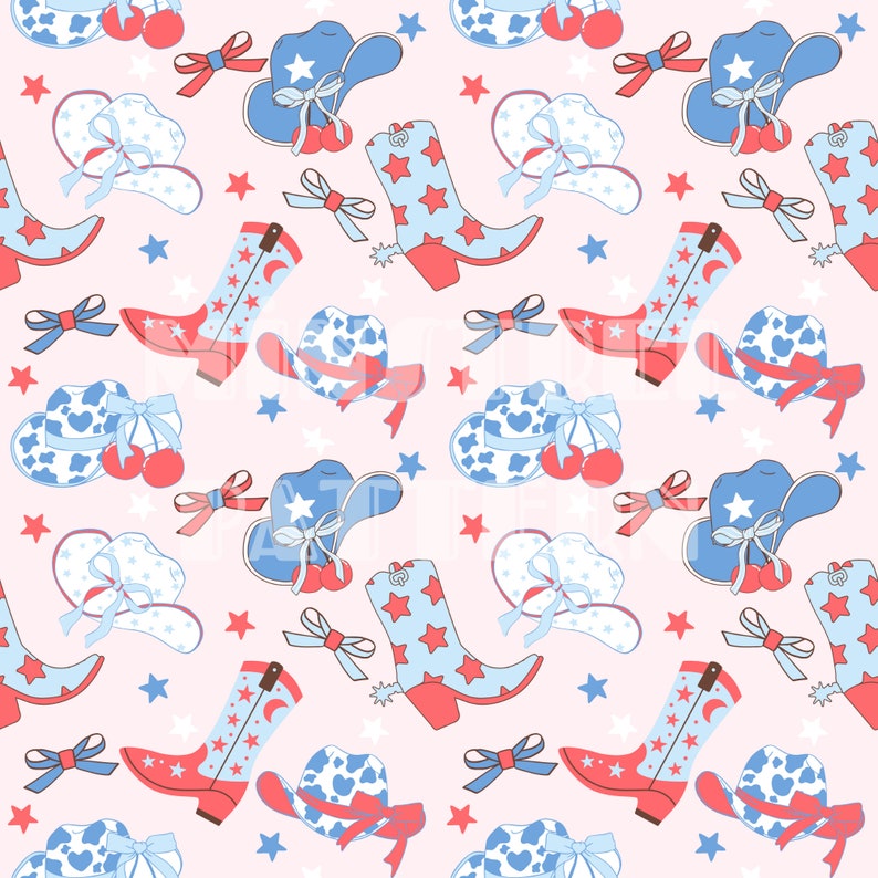 May include: A seamless pattern featuring cowboy boots, hats, and stars in shades of blue and red on a pink background.