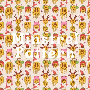 Groovy Hippie Trippy Smiley Face Santa and Reindeer Seamless Pattern Files for Fabric Printing Sublimation Design File