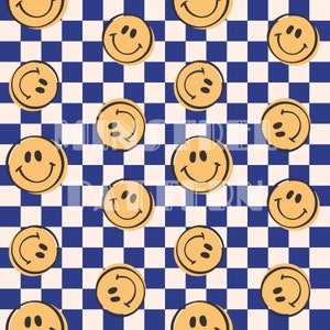 Retro Vintage Happy Face with Navy Check Seamless Pattern Files for Child Fabric Sublimation Printing Custom Fabric Design File