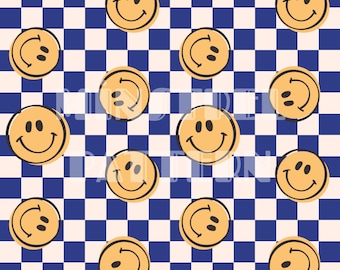 Retro Vintage Happy Face with Navy Check Seamless Pattern Files for Child Fabric Sublimation Printing Custom Fabric Design File