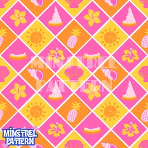 Può includere: Un motivo vibrante e ripetitivo con illustrazioni a tema estivo. Il design include immagini stilizzate di sole, ananas, anguria, conchiglia e fiori di ibisco, su una griglia di quadrati rosa, arancioni e gialli. Il testo "MINSTREL PATTERN" è in basso.