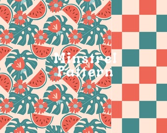 Summer Palm Leaves and Checkerboard Seamless Pattern for Fabric Printing Sublimation, Set of 2 Pattern Bundle Files Checkered Seamless File