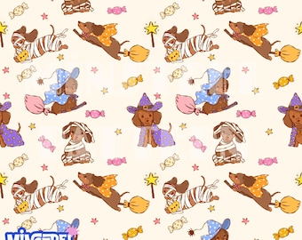 Cute Witch Sausage Dog Seamless Pattern, Funny Halloween Animal Fabric Printing (Digital Download)