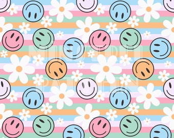 Mädchen Glückliches Gesicht Nahtlose Musterdateien, Streifen Stoffdruck, Groovy Oberflächenmuster, Gänseblümchen Stoffdesign, Benutzerdefinierte Stoffdesigndatei